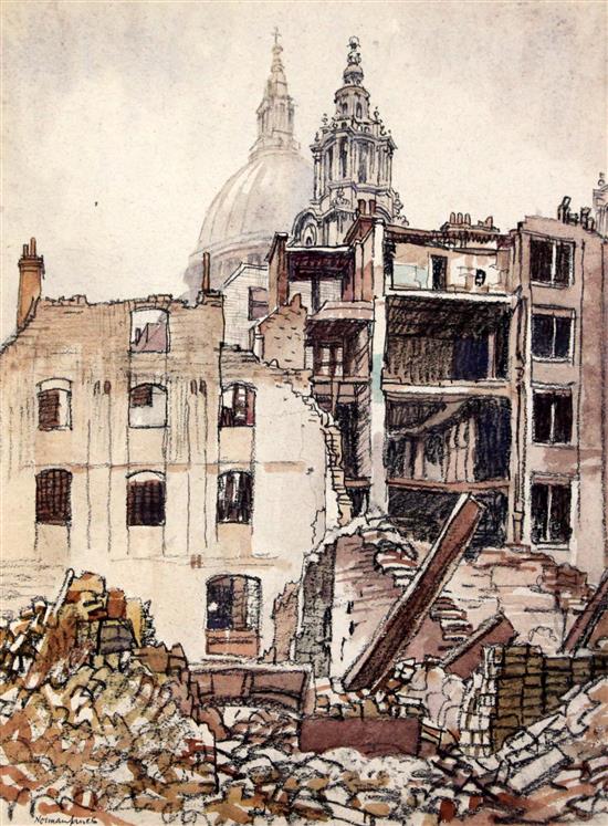 Norman Janes (1892-1980) Bomb damage; Ave Maria Lane & St Mary Le Bow 20 x 15in & 19 x 14.5in. unframed